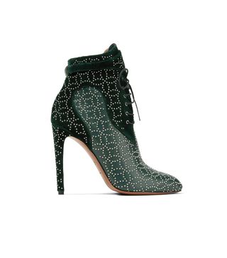 Alaïa + Studded Lace-Up Leather and Suede Ankle Boots