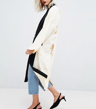 ASOS + Premium Kimono Duster Jacket with Bird Embroidery and Contrast Collar