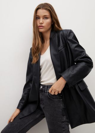 Mango + Faux-Leather Double-Breasted Blazer