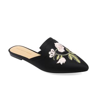 Who What Wear + Serafina Embroidered Satin Flat Mules