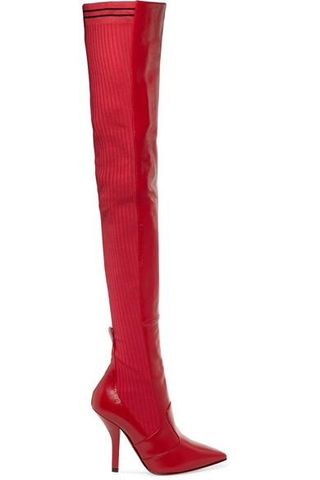 Fendi + Rockoko Leather and Ribbed-Knit Thigh Boots