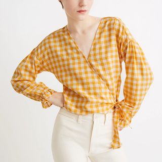 Madewell + Long-Sleeve Sash-Tie Wrap Top in Gingham Check
