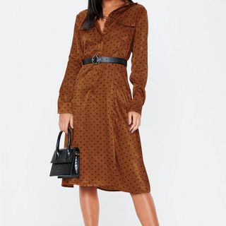 Missguided + Rust Polka Dot Satin Button Shirt Midi Dress