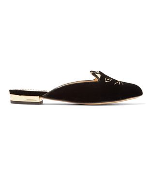 Charlotte Olympia + Kitty Embroidered Velvet Slippers