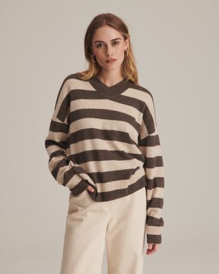 Naadam + Cashmere Striped Boyfriend V-Neck Sweater