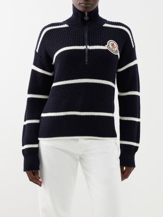 Moncler + Half-Zip Striped Merino-Wool Sweater