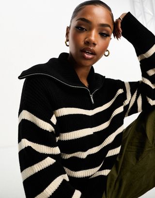 Monki + High Zip Neck Knit Sweater in Black and White Stripe