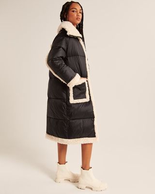 Abercrombie and Fitch + Ultra Long Diamond Quilted Sherpa-Lined Puffer
