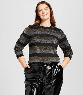 Who What Wear + Long Sleeve Metallic Stripe Crew Sweater