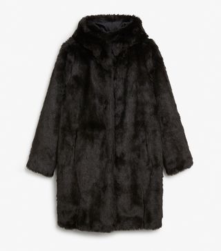 Monki + Hooded Faux Fur Coat
