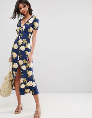 ASOS + City Maxi Tea Dress with V Neck and Button Detail in Blue Floral Print