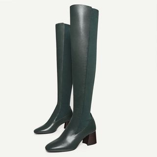 Uterqüe + Green Leather Knee-High Boots