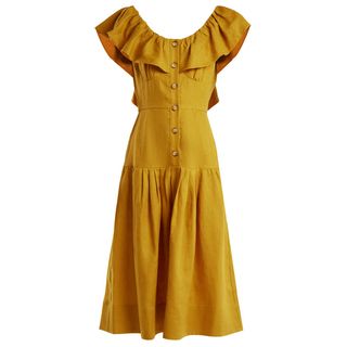Sea + Goldie Dropped-Waist Ruffled-Neck Linen Dress