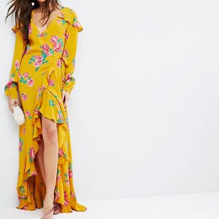 ASOS + Long Sleeve Wrap Maxi Dress in Bold Floral
