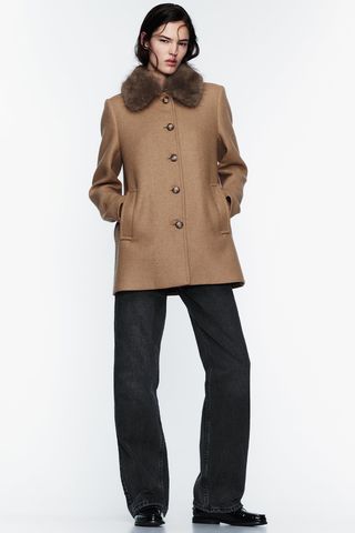 Zara + Wool Blend Coat with Faux Fur Collar