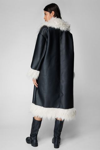 Nastygal + Faux Leather Shearling Fur Trim Longline Afghan Coat
