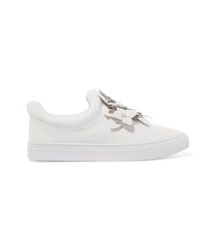 Tory Burch + Blossom Floral-Appliquéd Leather Slip-On Sneakers