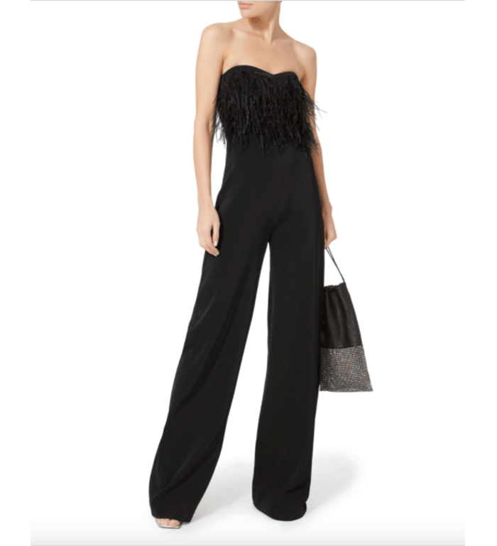 Saloni + Aurelie Feathered Strapless Jumpsuit