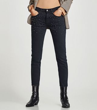 Zara + Boyfriend Jeans with Faux Pearls