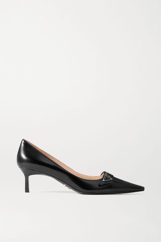 Prada + 55 Logo-Embellished Glossed-Leather Pumps