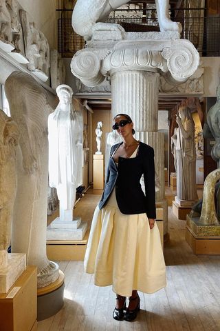 a photo showing how to wear dresses in the winter with a woman wearing a black nipped waist blazer over a white ballon dress with black ankle strap pumps