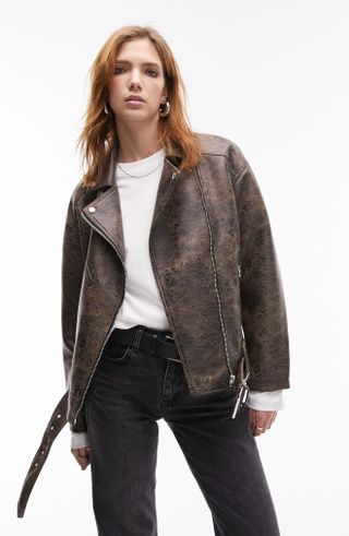 Topshop + Oversize Faux Leather Biker Jacket