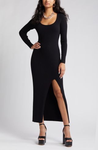 Open Edit + Scoop Neck Long Sleeve Rib Sweater Dress