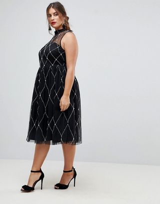 ASOS Curve + High Neck Pearl Embellished Midi Prom Dress