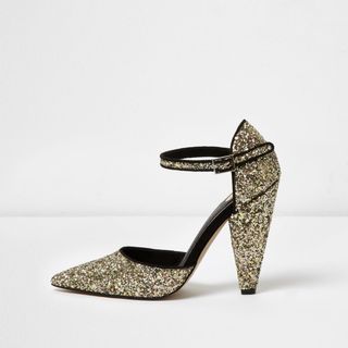River Island + Gold Glitter Two-Part Cone-Heel Pumps