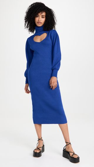 Farm Rio + Heart Neckline Blue Knit Dress