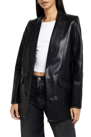 River Island + Double Breasted Faux Leather Blazer