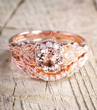 Limited Time Sale + Round Cut Morganite and Diamond Halo Bridal Wedding Ring Set