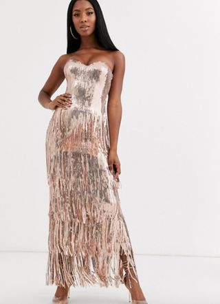 Goddiva + Sequin Maxi Dress With Tiered Tassel Hem in Rose Gold