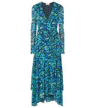 Ganni + Floral-Print Stretch-Mesh Wrap Midi Dress