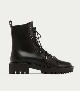 Zara + Leather Biker Ankle Boots With Metal Details