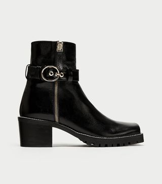 Zara + Leather Biker Ankle Boots With Squared Toes