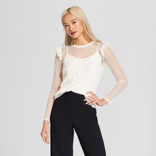 Who What Wear + Long Sleeve Rib Crew Lace Top