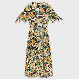 Miss Selfridge + Black Floral Print Midi Tea Dress