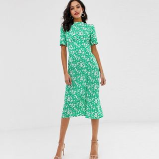 ASOS + Midi Tea Dress With Covered Buttons in Floral