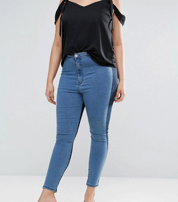 ASOS Curve Rivington + High Waisted Denim Jegging in Two-Tone Blues