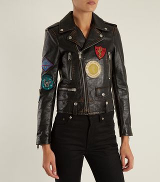 Saint Laurent + Embroidered Shrunken-Fit Leather Biker Jacket