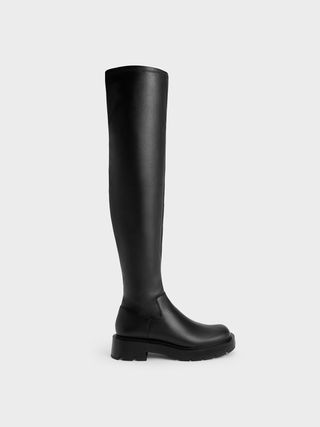 Charles & Keith + Black Zip-Up Thigh-High Boots