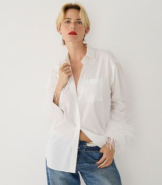 J.Crew + Faux-feather-trim cotton poplin button-up shirt with collar