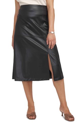 Anne Klein + Front Slit Faux Leather Midi Skirt