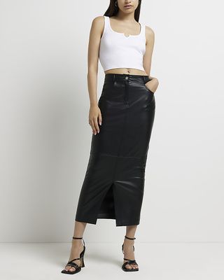 River Island + Black Faux Leather Maxi Skirt