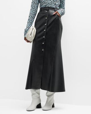 Nanushka + Reza Button-Front Faux Leather Maxi Skirt