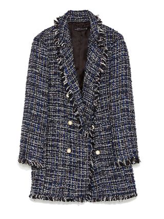 Zara + Long Tweed Jacket With Pearl Beads