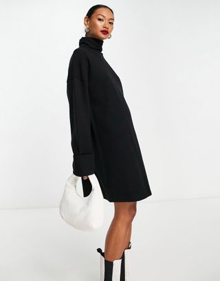 ASOS Design + Super Soft Turned Cuff Roll Neck Mini Sweater Dress in Black
