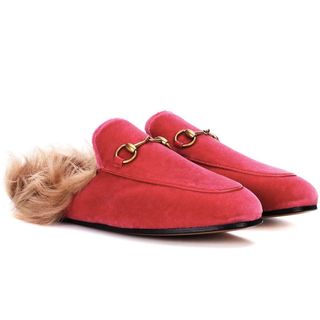 Gucci + Princetown Fur-Lined Velvet Slippers