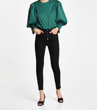 Zara + High Waist Button Fly Jeans